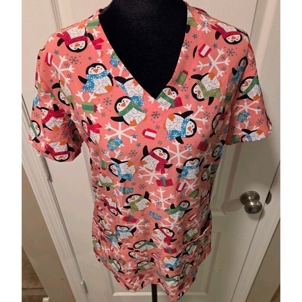EliteMed Performance Holiday Penguin V-Neck Scrub Top - Size M